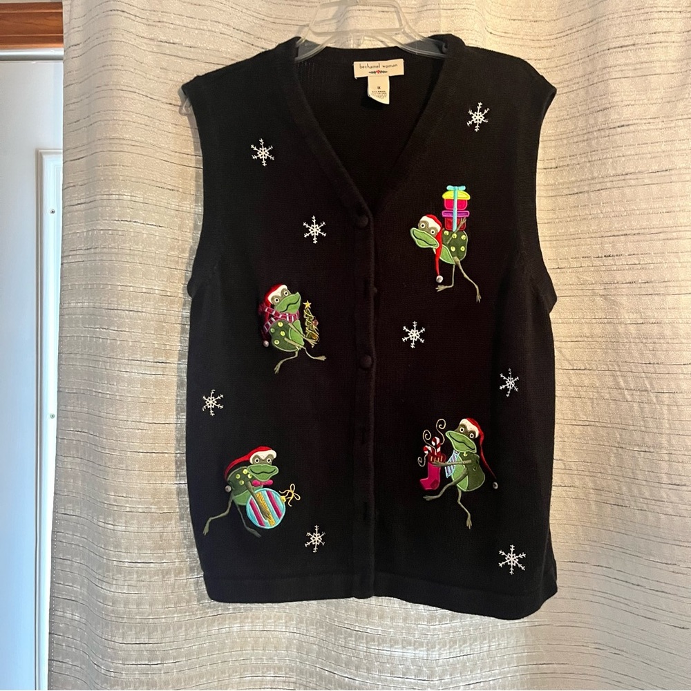 Women’s Christmas Sweater Vest with Embroidered Santa Frogs XL by Bechamel